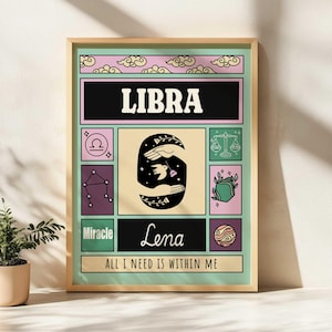 Impressão personalizada do zodíaco Libra (A2, A3, A4, A5, digital), arte personalizada do horóscopo astrológico, sol, lua, pôster do zodíaco, mapa astral, sem moldura