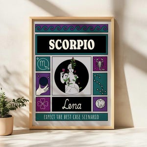 Impression personnalisée du zodiaque Scorpion (A2, A3, A4, A5, numérique), art astrologique horoscope personnalisé, soleil, lune, affiche du zodiaque, thème astral