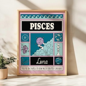 Impression personnalisée du zodiaque poissons (A2, A3, A4, A5, numérique), art astrologique horoscope personnalisé, soleil, lune, affiche du zodiaque, thème astral, sans cadre