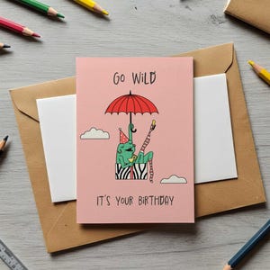 Impressão de cartão de aniversário – Cartão moderno e divertido desenhado à mão, papel com qualidade de museu, arte única para amigos e familiares, cartão de aniversário legal para presentear