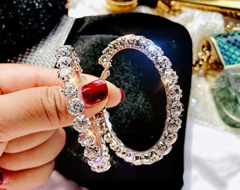 Large Bling Hoop CZ Crystal Bridal Round Rhinestone Huggie Earrings Jewelry Gift Large Bling Hoop CZ Crystal Bridal Round Rhinestone Huggie Earrings Jewelry Gift