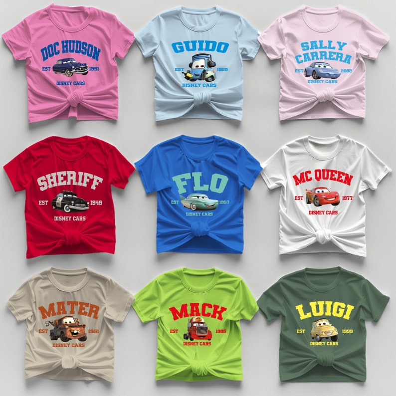 Image displaying a variety of personalized Disney Cars T-shirts, each featuring different characters like McQueen, Guido, Doc Hudson, Flo, Sally, Mater and others. Customers can select their favorite character and customize the shirt with their name.