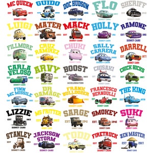 May include: A colorful graphic featuring various Disney Cars characters, each with their name and the year they were introduced. The image includes characters like Lightning McQueen, Mater, and Sally Carrera, set against a white background.