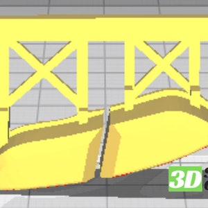 May include: A 3D-rendered yellow bridge model, split into two sections, with a support structure featuring an X-shaped design. The model is set against a gray grid background. The text "3D Simple Creations" is visible.