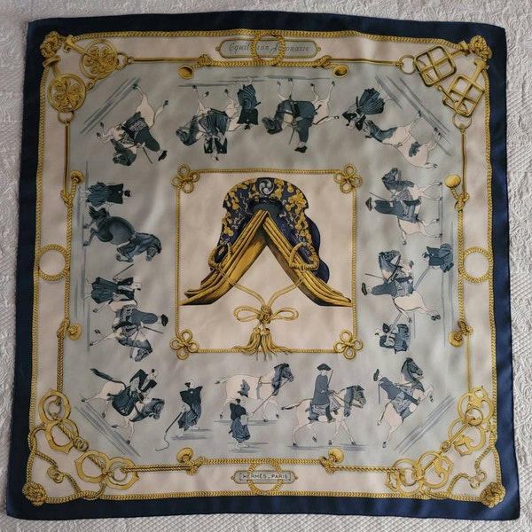 HERMÈS Foulard "Équitation Japonaise" par F.De La Perriere 1969 twill de Soie ourlé main carré 89 cm en très bon état