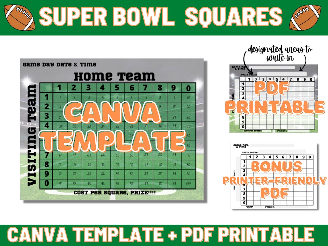 Football Squares Canva Template Printable PDF Instant Etsy