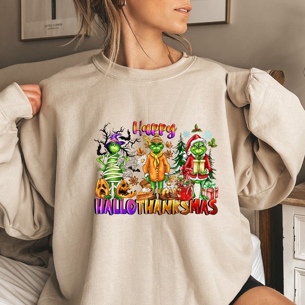 Happy Hallothanksmas Sweatshirt, Christmas Sweatshirt, Halloween Gift For Women, Cute Halloween Sweater, Funny Halloween Shirt, Christmas