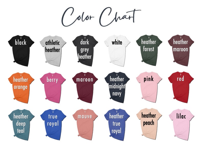 K&ouml;nnte beinhalten: Farbkarte mit 18 verschiedenen T-Shirt-Farben. Die Farben umfassen Schwarz, Wei&szlig;, Heather Forest, Heather Maroon, Heather Orange, Beere, Maroon, Heather Midnight Navy, Pink, Rot, Heather Deep Teal, True Royal, Mauve, Heather True Royal, Heather Peach und Lila.