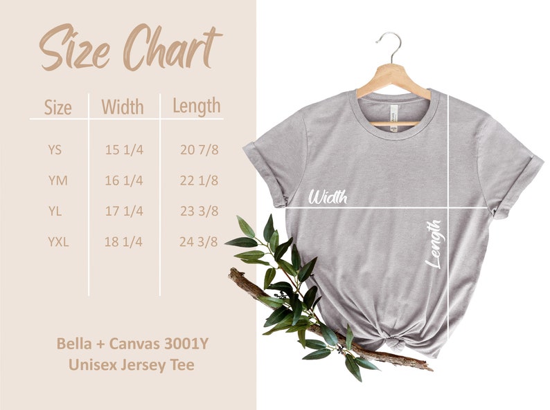 K&ouml;nnte beinhalten: Gr&ouml;&szlig;entabelle f&uuml;r ein Unisex-Jersey-Shirt von Bella + Canvas 3001Y. Die Tabelle zeigt die Breite und L&auml;nge in Zoll f&uuml;r die Gr&ouml;&szlig;en YS, YM, YL und YXL.