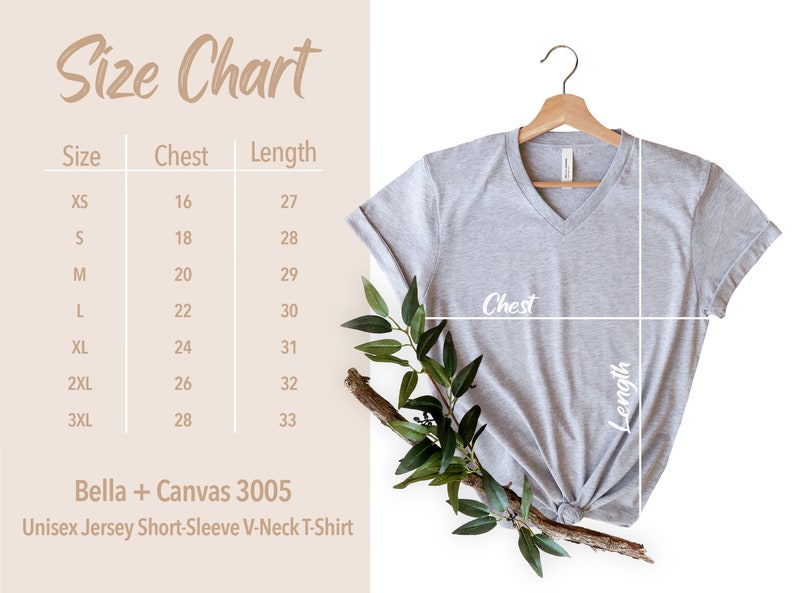 K&ouml;nnte beinhalten: Gr&ouml;&szlig;entabelle f&uuml;r ein Unisex-Jersey-T-Shirt mit kurzen &Auml;rmeln und V-Ausschnitt von Bella + Canvas 3005. Die Tabelle zeigt die Brust- und L&auml;ngenma&szlig;e in Zoll f&uuml;r die Gr&ouml;&szlig;en XS bis 3XL.