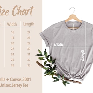 K&ouml;nnte beinhalten: Gr&ouml;&szlig;entabelle f&uuml;r ein Unisex-Jersey-Shirt von Bella + Canvas 3001. Die Tabelle zeigt die Breite und L&auml;nge in Zoll f&uuml;r die Gr&ouml;&szlig;en XS bis 3XL.