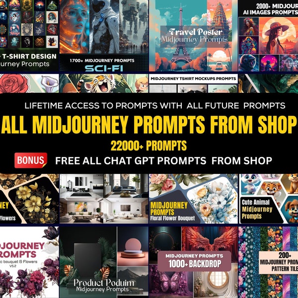 Midjourney Prompts Bundle, All shop Prompts, Midjourney Prompt, Midjourney AI Art, Learn Midjourney guides, Digital Art, Ai prompt bundle