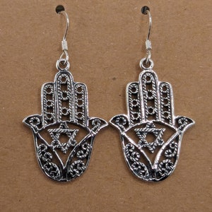 Brand New 925 Solid Sterling Silver Hanging Dangling Hook Hand of Fatima Hamsa Star of David Earrings Jewelry Free Shipping
