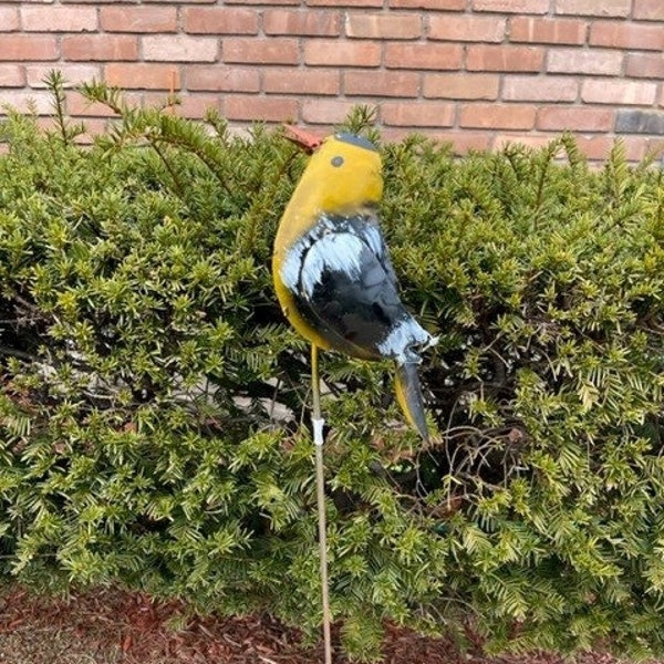 Rustic Vintage Hand Made in Mexico Metal Black Yellow Bird Garden Stake Plant Stake Free Shipping Hand Made in Mexico