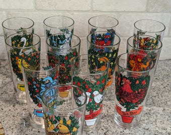 Like new  Set 12 Twelve Days of Christmas Xmas drinking beverage glasses holiday glass American Indiana Glass Free Shipping