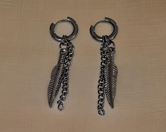 Brand New Stainless Steel Black Round clicker Hoop Hanging Dangling Chain and Feather Earrings Jewelry Free Shipping