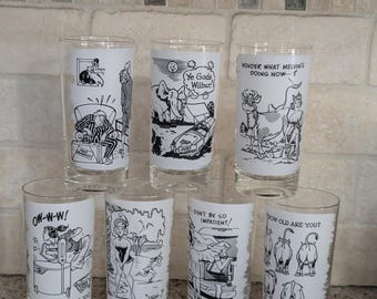 Excellent set of 7 adult risque humorous 1940 - 1950  comic drinking high ball glasses free shipping