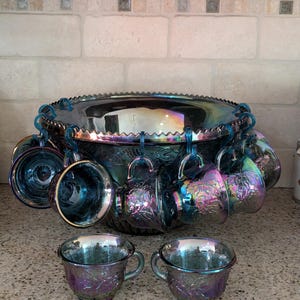 Beautiful Vintage Indiana Glass Iridescent Blue Harvest Punch Bowl Set 1970’s free shipping
