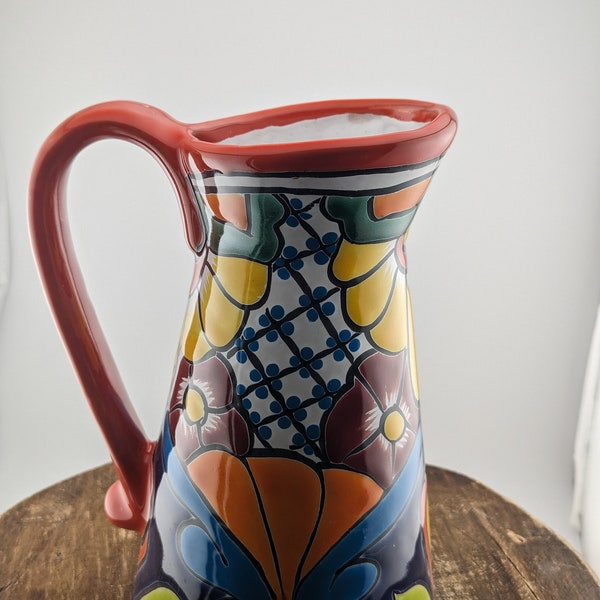 New Talavera Style Jug Pitcher Bud Vase Orange Blue Red Pottery Hand made Hand Painted in Mexico Garden Indoor Planter Pot Free Shipping