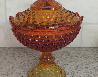 Excellent condition vintage fenton style hobnail  Amberina Red Orange pedestal scalloped Compote Candy dish Bowl with lid  Free Shipping