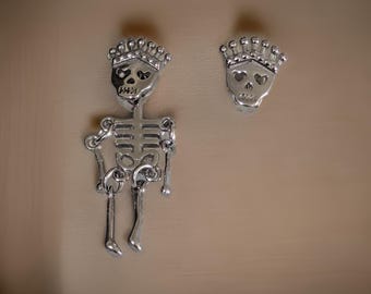 Brand New (2 pairs in 1) Stainless Steel Hanging Dangle Studs Skeleton Day of the Dead Earrings Jewelry Free Shipping