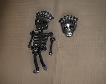 Brand New (2 pairs in 1) Stainless Steel Black Hanging Dangle Studs Skeleton Day of the Dead Earrings Jewelry Free Shipping