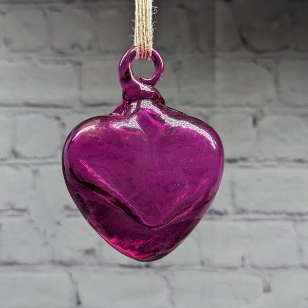 New Glass Hand Made Mouth Blown in Mexico Valentine Mini Hot Fushcia Pink Heart Hanging Ornament Free Shipping