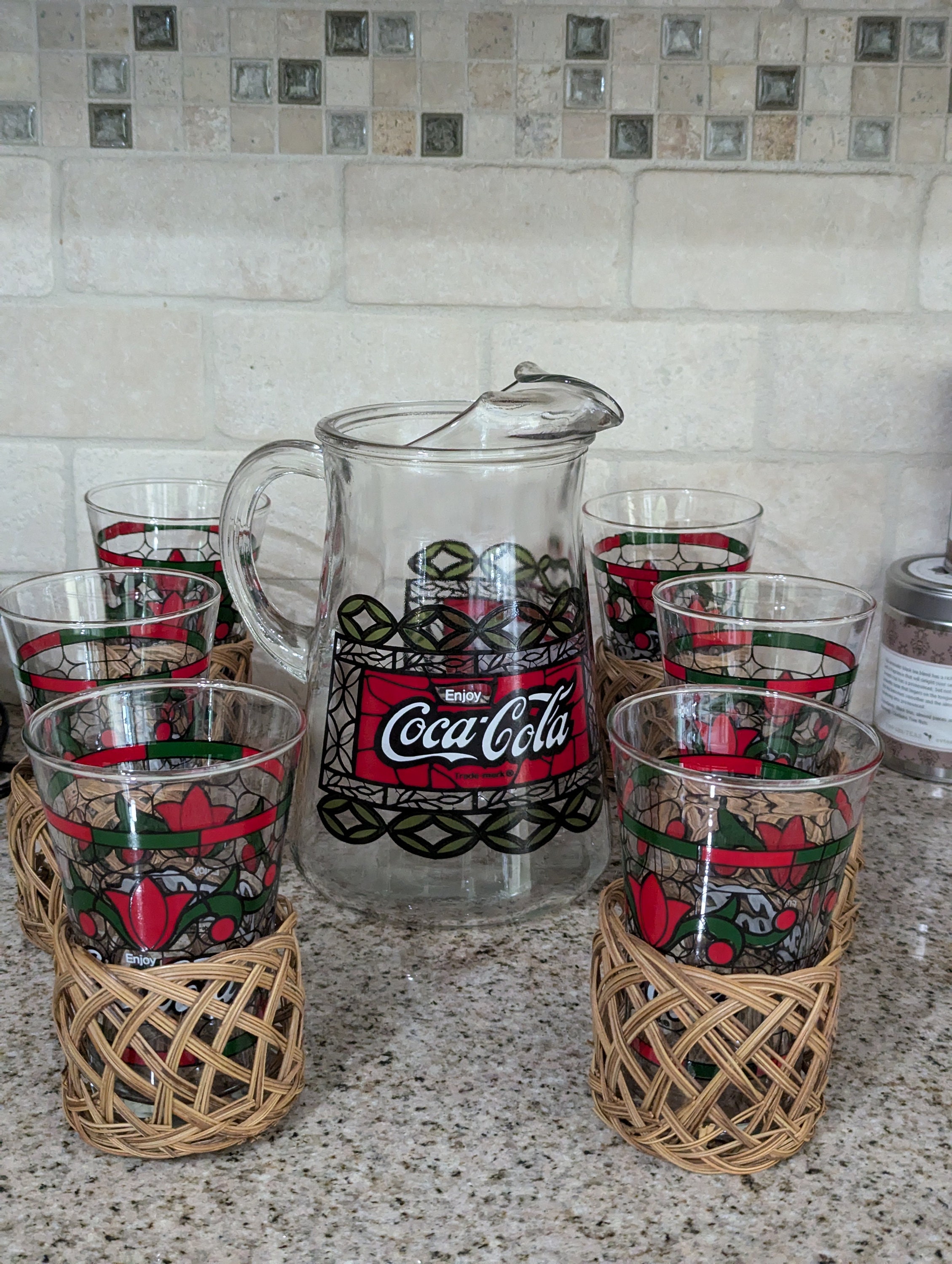 Excellent Condition Vintage Coca Cola Pitcher and 6 Glasses Coca