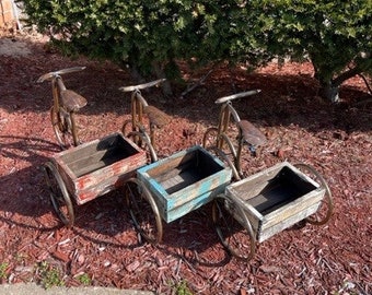 Vintage Rustic Farmhouse Hand Made Metal Tricycle Wood Planter Made in Mexico Outdoor Indoor Planter Plant Stand Decor FREE SHIPPING