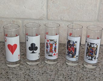 Excellent Vintage set of 5 luminarc glass liquor playing card shot glasses free shipping