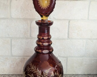 vintage excellent condition bohemian dark Amber glass etched round wine jar decanter with lid free shipping
