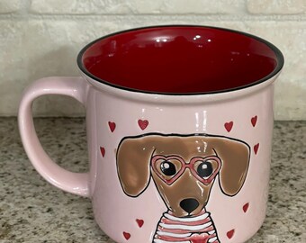 Taza de cerámica con diseño de perro salchicha, color marrón, rosa, rojo y blanco, sin caja, envío gratis