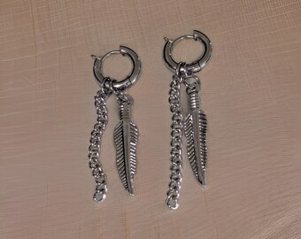 Brand New Stainless Steel Round clicker Hoop Hanging Dangling Chain and Feather Earrings Jewelry Free Shipping