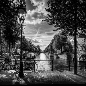 Canal Bridge in the Historic Center of Amsterdam, Wall Canvas, Black and White, Amsterdam Canvas, Historic Amsterdam, 3 Panel Wall Canvas