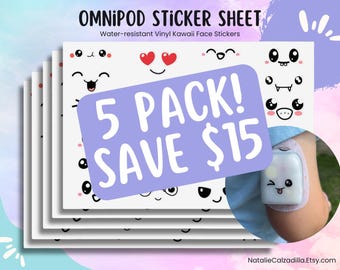 May include: Five packs of water-resistant vinyl kawaii face stickers for Omnipod. The stickers feature a variety of cute faces and are perfect for adding a touch of personality to your Omnipod.