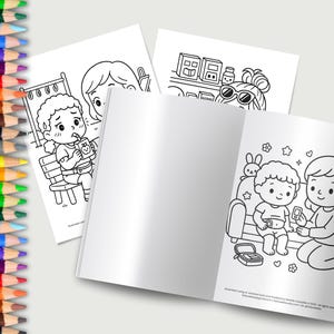 Puede incluir: Un libro para colorear en blanco y negro con ilustraciones de ni&ntilde;os. El libro est&aacute; abierto en una p&aacute;gina que muestra a un ni&ntilde;o sentado en un sof&aacute; con un adulto. El adulto sostiene un dispositivo en su mano. El libro se titula "Illustrating Diabetes and Insulin Pump Therapy for Children."