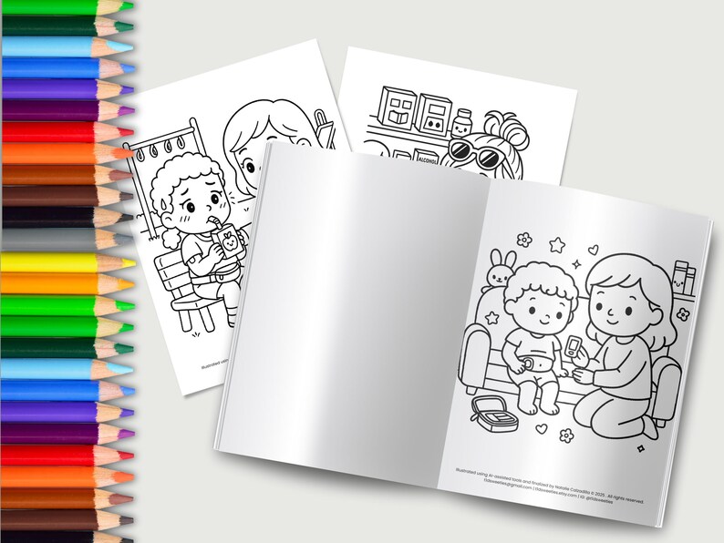 Puede incluir: Un libro para colorear en blanco y negro con ilustraciones de ni&ntilde;os. El libro est&aacute; abierto en una p&aacute;gina que muestra a un ni&ntilde;o sentado en un sof&aacute; con un adulto. El adulto sostiene un dispositivo en su mano. El libro se titula "Illustrating Diabetes and Insulin Pump Therapy for Children."