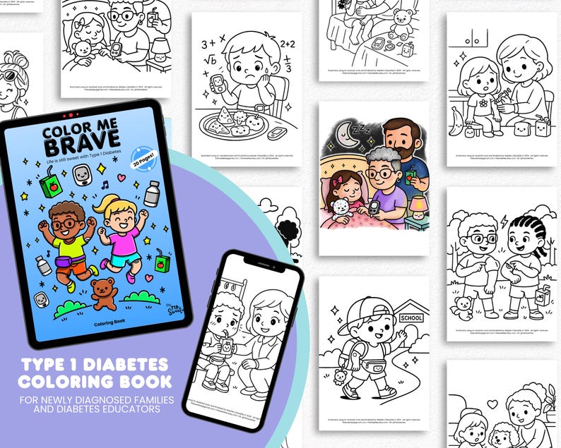 May include: A coloring book titled "Color Me Brave" with a colorful illustration of two children with type 1 diabetes. The book is designed for newly diagnosed families and diabetes educators. The book features 20 pages of coloring activities.