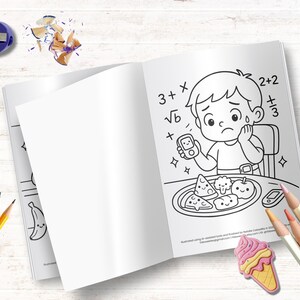 Puede incluir: Una p&aacute;gina de libro para colorear en blanco y negro con un ni&ntilde;o de dibujos animados con una expresi&oacute;n preocupada, sosteniendo un medidor de glucosa en sangre. Est&aacute; sentado en una mesa con un plato de comida, que incluye pizza, br&oacute;coli y una manzana. La p&aacute;gina tambi&eacute;n incluye ecuaciones matem&aacute;ticas, como 3 + &radic;6 y 2 + 2 + 3.