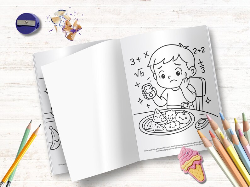Puede incluir: Una p&aacute;gina de libro para colorear en blanco y negro con un ni&ntilde;o de dibujos animados con una expresi&oacute;n preocupada, sosteniendo un medidor de glucosa en sangre. Est&aacute; sentado en una mesa con un plato de comida, que incluye pizza, br&oacute;coli y una manzana. La p&aacute;gina tambi&eacute;n incluye ecuaciones matem&aacute;ticas, como 3 + &radic;6 y 2 + 2 + 3.