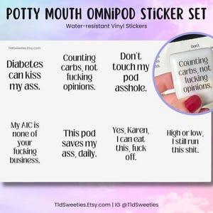 Potty Mouth Omnipod Sticker Set, Diabetes Stickers, T1d, Diabetes Gifts, Diabetes Supplies, Diabetes Awareness, Diabetic, T1d Strong