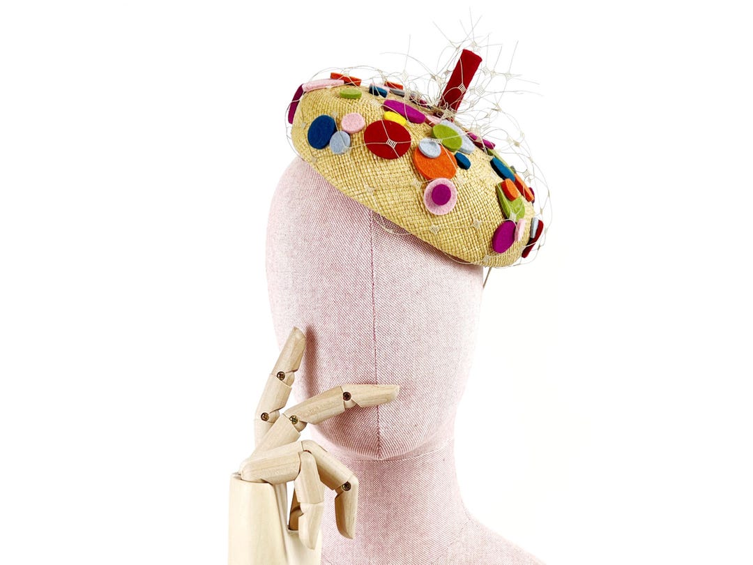 Colorful Straw Fascinator Beret | One-of-a-kind Race Day Hat | Summer ...