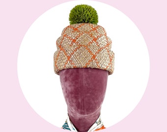 Hepburn- Unisex Beanie Hat For Summer, Modern Cuff Hat In Natural Raffia Straw, With Orange Checks and Straw Pom