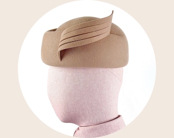 Camel Wool Felt Pillbox Hat - Handmade German Couture
