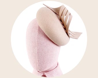 Beige Wool Felt Pillbox Hat – Women’s Cocktail Fascinator, Handmade in Germany