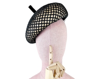 Sommerbaskenmütze für Damen, Einheitsgröße, moderner Hut im Barching-Stil aus schwarzem und natürlichem Stroh, einzigartig