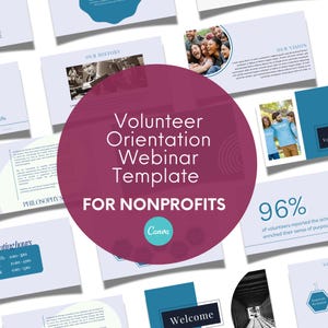 Puede incluir: Una serie de diapositivas de presentación con un círculo central granate, que muestra el texto "Volunteer Orientation Webinar Template FOR NONPROFITS". Las diapositivas tienen detalles en azul y blanco, con imágenes y texto. El logotipo de Canva es visible.