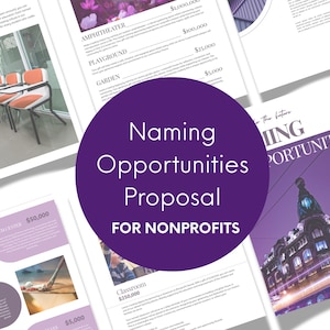 Op de afbeelding: Een voorstel voor non-profitorganisaties met de titel "Naming Opportunities Proposal" in een grote paarse cirkel. Het document bevat details over de financiering van een amfitheater, speeltuin, tuin en klaslokaal. De achtergrond toont afbeeldingen van een gebouw en een klaslokaal.