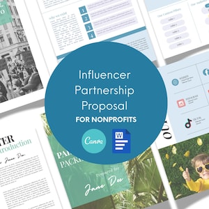 Peut inclure: Ensemble de documents et de graphiques pour une proposition de partenariat avec des influenceurs pour des organisations à but non lucratif. Le cercle central est bleu avec du texte blanc.