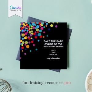 Zwarte uitnodiging voor een speciaal evenement met confetti en RSVP-kaart || Uitnodiging voor Happy Hour voor Young Professionals, Canva-sjabloon voor non-profitorganisaties